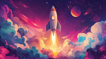 Cartoon rocket go fly up launch. Space galaxy adventure travel landscape view. cartoons. Illustrations
