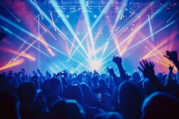 Silhouettes of a crowd at a concert with colorful laser lights.