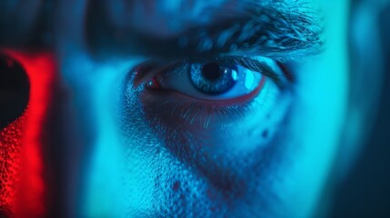 Close-up of a man's eye illuminated by blue and red light, creating a dramatic and intense mood.