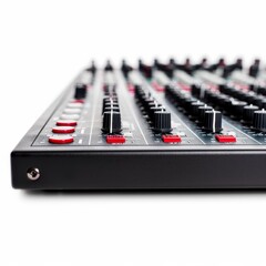 Close-up of a professional audio mixing console with faders and knobs.