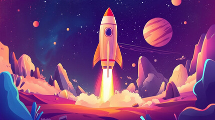 Obraz premium Cartoon rocket go fly up launch. Space galaxy adventure travel landscape view. cartoons. Illustrations 