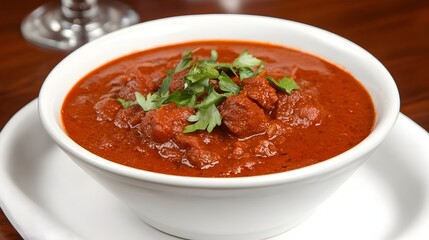 Homemade Tomato Soup with Herbs in White Bowl on Wooden Table