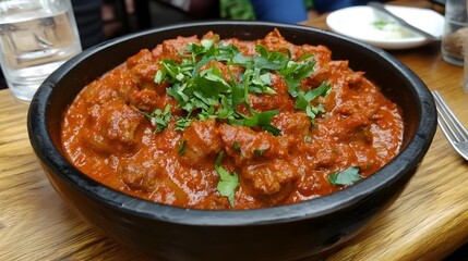 Spicy Chickpea Curry in Earthenware Bowl on Rustic Wooden Table