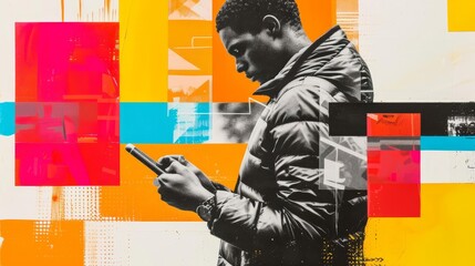 Abstract collage of a woman holding a smartphone, with colorful geometric shapes.