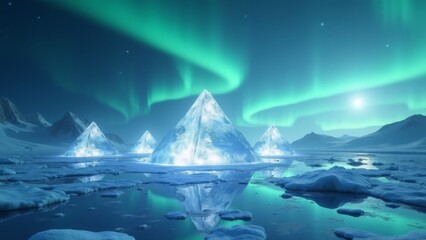 Generative AI, a large iceberg with a green aurora behind it in the snow with a sky background and a green aurora behind it, volumetric lights, concept art, crystal cubism
