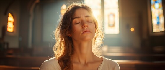 A serene woman meditates in a softly lit church, surrounded by colorful stained glass windows, reflecting peace and tranquility.