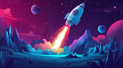 Cartoon rocket go fly up launch. Space galaxy adventure travel landscape view. cartoons. Illustrations
