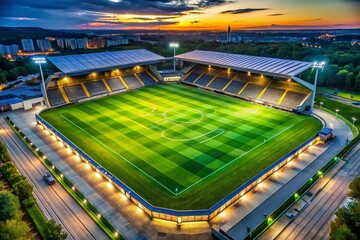 Naklejka premium Vibrant, high-angle view of a soccer stadium at dusk, with lush green grass, white lines, and towering floodlights,