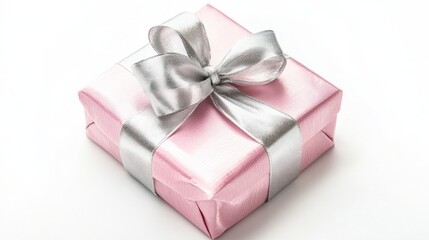 Obraz premium Romantic pink and silver Valentine present with a large ribbon bow, isolated on a bright white background.