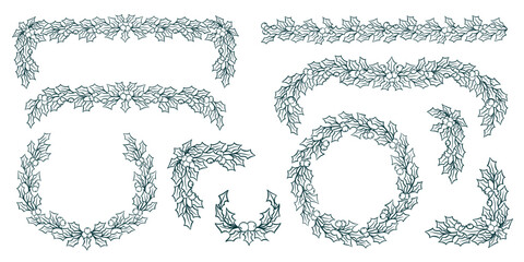Christmas Holly Garland Set with Leaves and Berries for Greeting Card, Invitation Design. Vector Graphic Design
