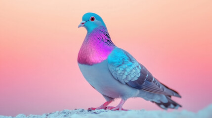 vibrant, exotic pigeon with iridescent plumage stands against colorful background