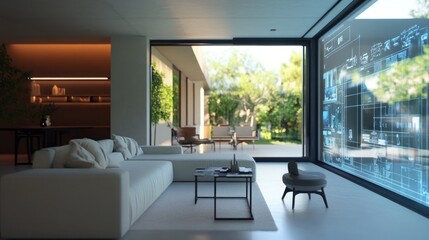 Fototapeta premium Modern living room with a view, featuring sleek furniture and digital interface.