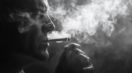 Fototapeta premium Close-up of a man smoking, lots of smoke around. Black and white photo.