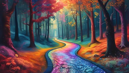 Obraz premium A vibrant, magical forest features a glowing rainbow path winding through colorful trees, creating a surreal and dreamy atmosphere.