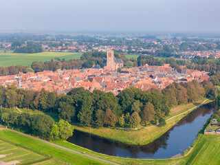 Aerial drone photo of the fortified town named Elburg in the Netherlands.