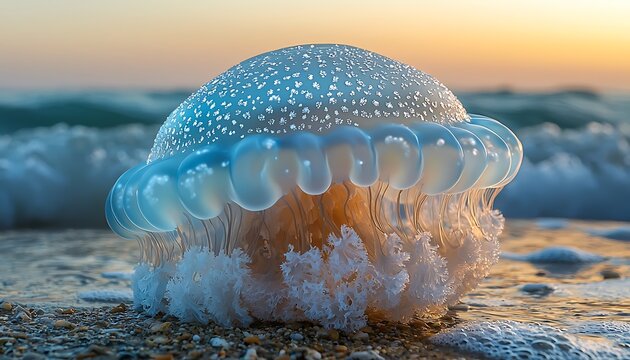 Blue jellyfish washed up on the beach