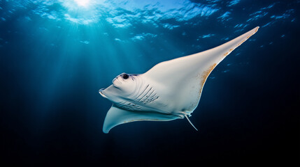 A large stingray is swimming in the ocean 