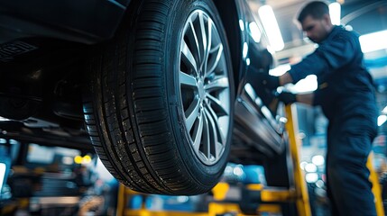 Fototapeta premium Man servicing a car, checking the tires and working on the undercarriage in a professional auto repair garage.