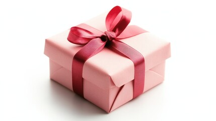 Obraz premium Small pink Valentine gift with a red satin ribbon, isolated on a white background for a romantic, simple, elegant look.