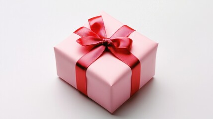 Obraz premium Small pink Valentine gift with a red satin ribbon, isolated on a white background for a romantic, simple, elegant look.