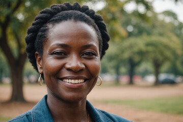 Close portrait of a smiling 40s Zimbabwean woman looking at the camera, Zimbabwean outdoors blurred background