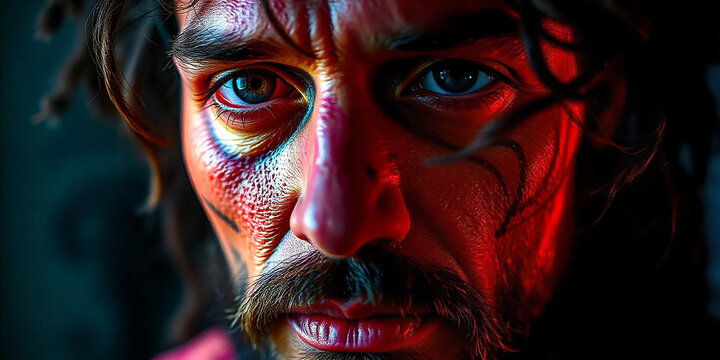 extreme close-up, impressions of face, fed-up man with advanced reddish lighting and shadow details 