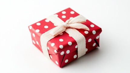 Small red Valentine gift wrapped in polka dot paper with a decorative ribbon, isolated on a bright white background.