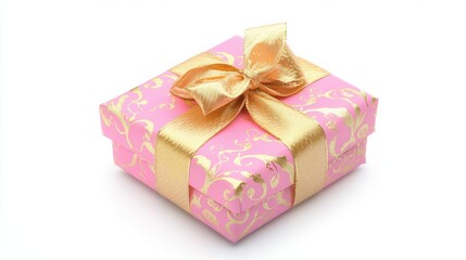 Obraz premium Small Valentine present wrapped in pink and gold paper with a matching bow, isolated on a white background for a romantic look.
