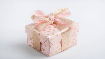 Obraz premium Small Valentine present wrapped in pink and gold paper with a matching bow, isolated on a white background for a romantic look.