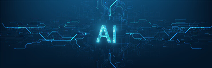 Abstract futuristic digital and technology on dark blue color background. AI(Artificial Intelligence) wording with the circuit design.	