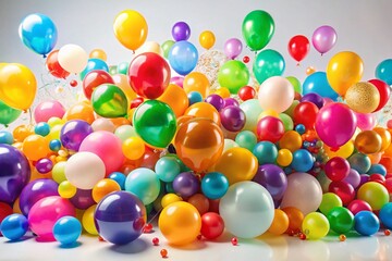 Vibrant multicolored balloons of various sizes and shapes randomly scattered against a soft white background, creating