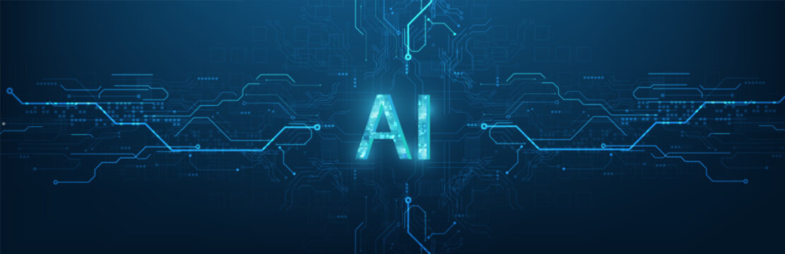 Abstract futuristic digital and technology on dark blue color background. AI(Artificial Intelligence) wording with the circuit design.	