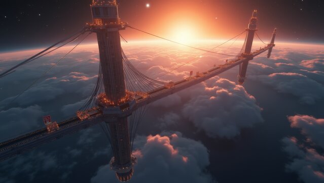 Generative AI, a sci - fiish island in the sky with a bright orange sun in the background and clouds below, matte fantasy painting, a detailed matte painting, space art
