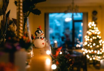 Cosy Warm Festive Lounge with Snowman and Christmas Tree