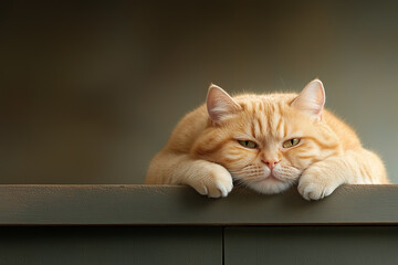 A relaxed orange tabby cat resting its head on a green table, exuding calmness in a cozy setting