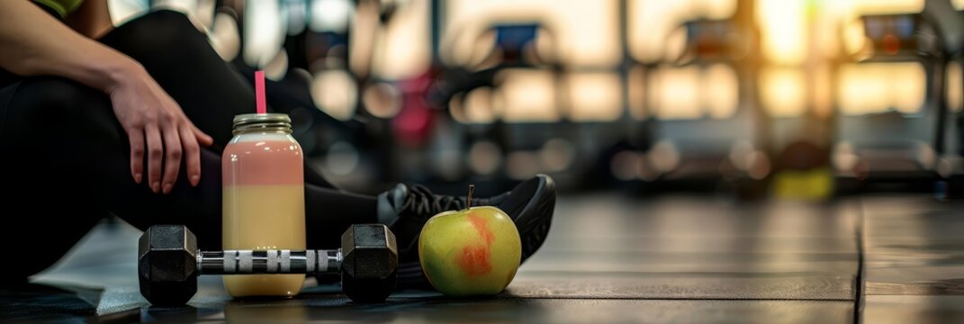 Close up of a protein shake, dumbbell, and apple in a gym