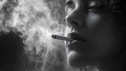 Obraz premium Close-up of a girl smoking, lots of smoke around. Black and white photo
