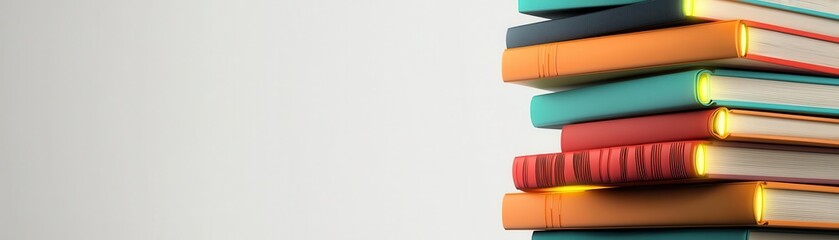 3D rendering of a tall stack of colorful books, each with unique textures and glowing edges, set against a clean white background