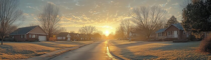 Fototapeta premium A sleepy neighborhood waking up to the sunrise, Monday morning, peaceful and serene