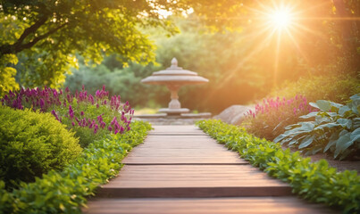A wooden pathway leads to a fountain in a lush garden, bathed in the warm glow of the afternoon sun