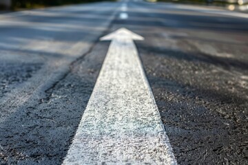 A white arrow painted on a gray asphalt road.