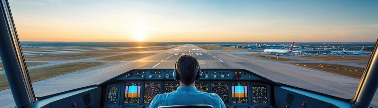 Airplane accelerating down the runway as seen from the air traffic control tower, clear skies and wide airport landscape, seamless coordination and communication