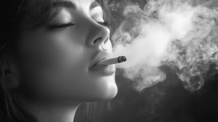 Close-up of a girl smoking, lots of smoke around. Black and white photo