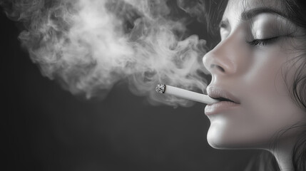 Fototapeta premium Close-up of a girl smoking, lots of smoke around. Black and white photo