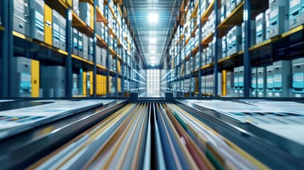 Obraz premium Wide shot of a large warehouse with rows of shelves stacked with boxes.