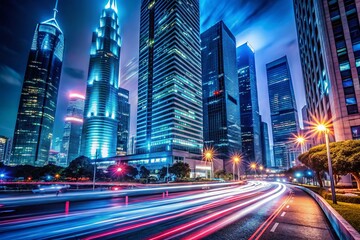 Obraz premium Vibrant neon lights streak across a dark urban cityscape at night, with blurred car headlights and a sleek,