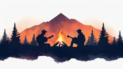 Fototapeta premium Two friends sit by a campfire in the mountains, playing guitar.