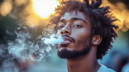 A young African American exhales smoke