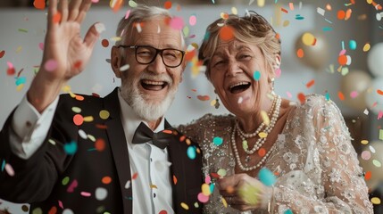 Happy senior couple celebrating with confetti.