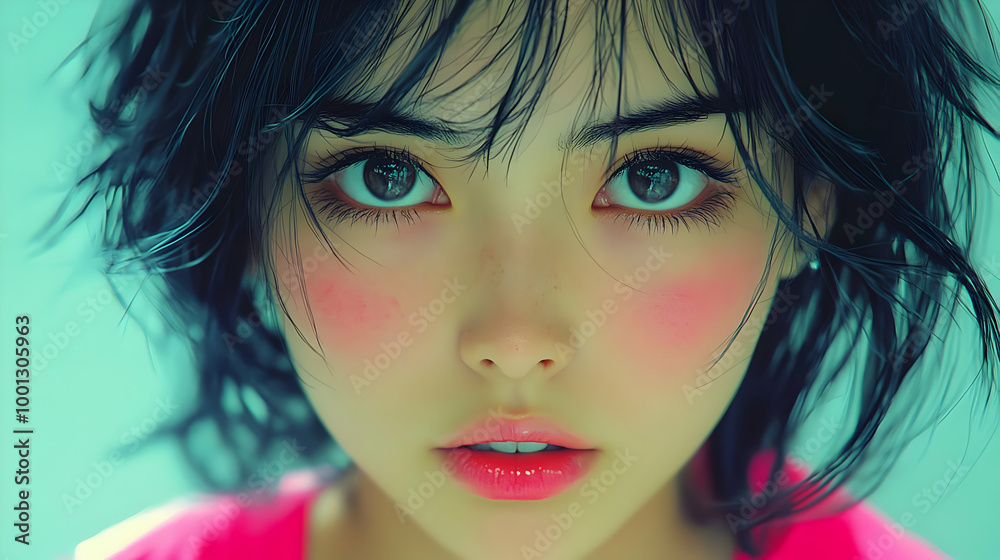 Poster Digital Art Portrait of a Young Woman with Pink Cheeks